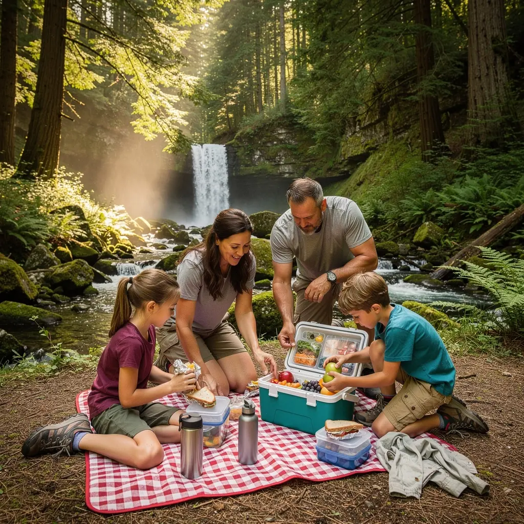 Przygotowane rzeczy do spakowania na wycieczkę, w tym woda, jedzenie i odzież.